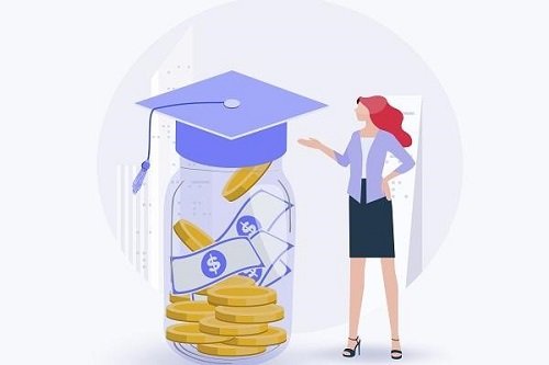 Girl standing beside a jar full of money and giving scholarship application tips