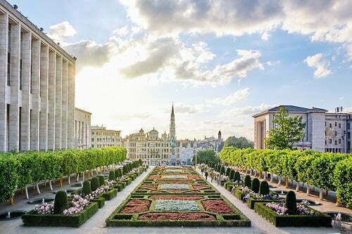 The Mont des Arts at sunset with people walking and exploring local beauties. Brussels, Belgium