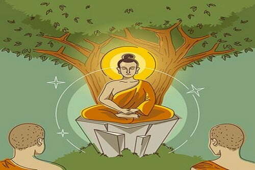 Buddha thoughts - Gautam Buddha meditation under the banyan tree with his disciples