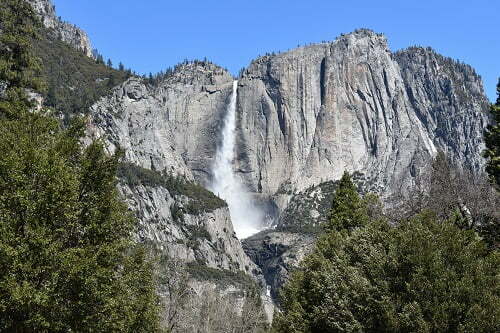Closeup view of Yosemite Falls in Yosemite National Park in California, USA