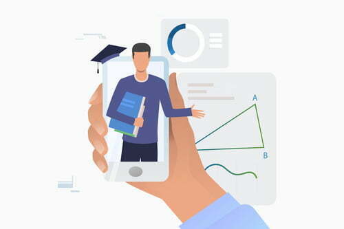 Hand holding smartphone with a life coach on screen. Application, service, study concept. Vector illustration can be used for topics like knowledge, education, online course