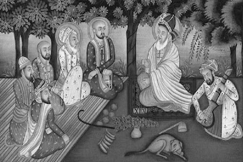 Kabir das is sitting under the tree and some of his followers are seated next to him. One of the Kabir Das's helper playing Sitar.