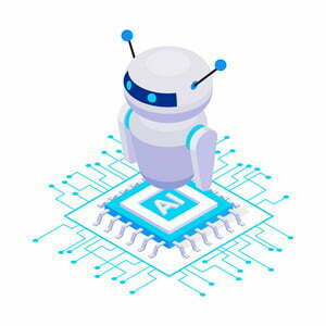 Cute artificial intelligence robot isometric icon on white background 3d vector illustration